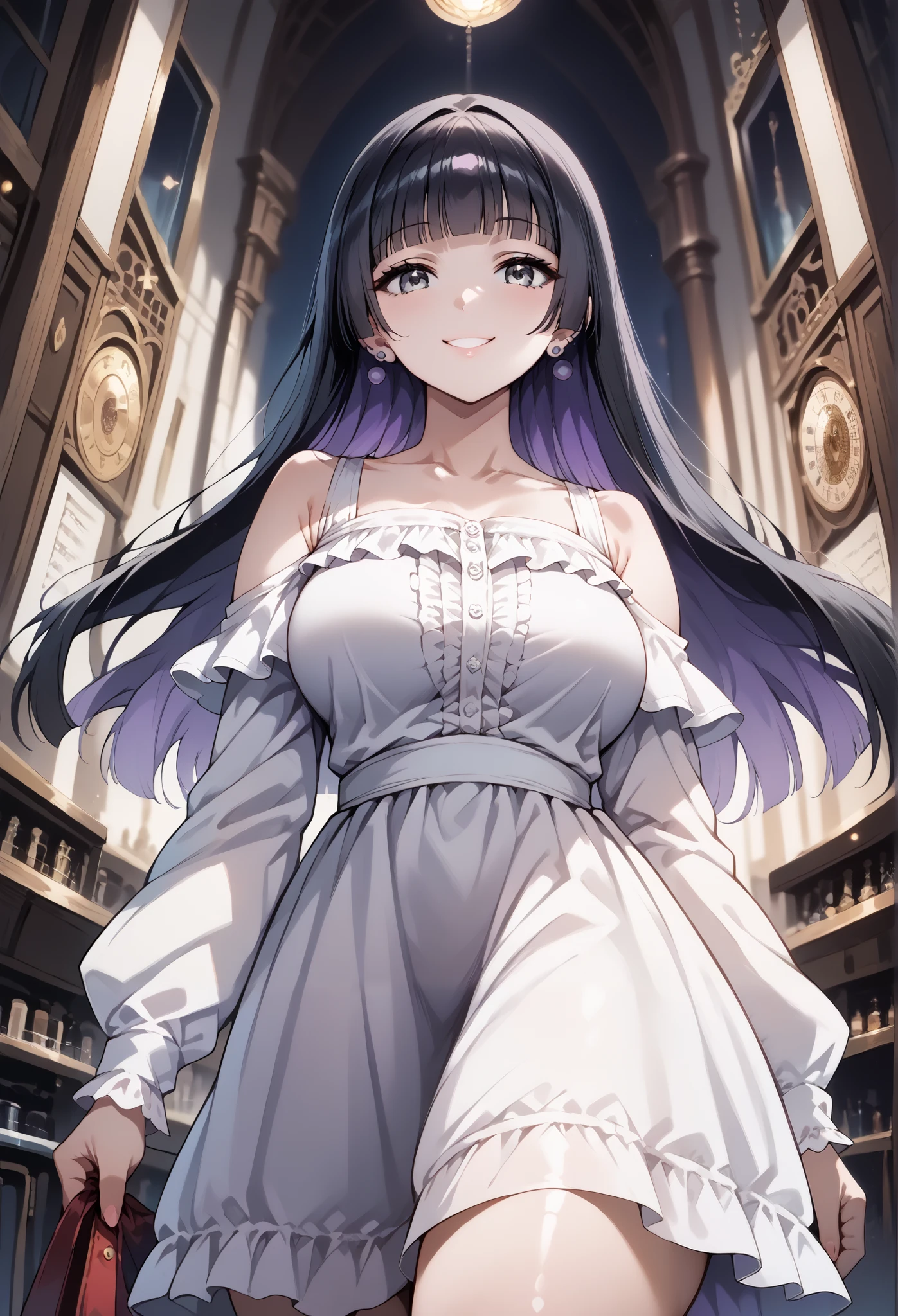 score_9, score_8_up, score_7_up, source_anime, 4K,perfect fingers,(perfect hands, perfect anatomy),prefect lighting, very aesthetic, intricate details,highly detailed background, masterpiece, high quality, best quality,
1girl,solo,pasan, pasan, ((black hair:1.5)), blunt bangs, blunt ends, chin piercing, colored inner hair, ear piercing, grey eyes, hime cut, long hair, medium bangs, multicolored hair, piercing, purple hair, ((large breast:1.5)),
wearing ((casual dress,frills,ornate clothing, )),,
looking at viewer, depth of field, looking at the audience, a little smile, pov, noon, ((low angle view)),