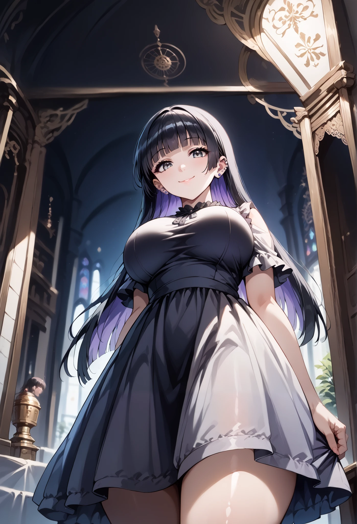 score_9, score_8_up, score_7_up, source_anime, 4K,perfect fingers,(perfect hands, perfect anatomy),prefect lighting, very aesthetic, intricate details,highly detailed background, masterpiece, high quality, best quality,
1girl,solo,pasan, pasan, ((black hair:1.5)), blunt bangs, blunt ends, chin piercing, colored inner hair, ear piercing, grey eyes, hime cut, long hair, medium bangs, multicolored hair, piercing, purple hair, ((large breast:1.5)),
wearing ((casual dress,frills,ornate clothing, )),,
looking at viewer, depth of field, looking at the audience, a little smile, pov, noon, ((low angle view)),