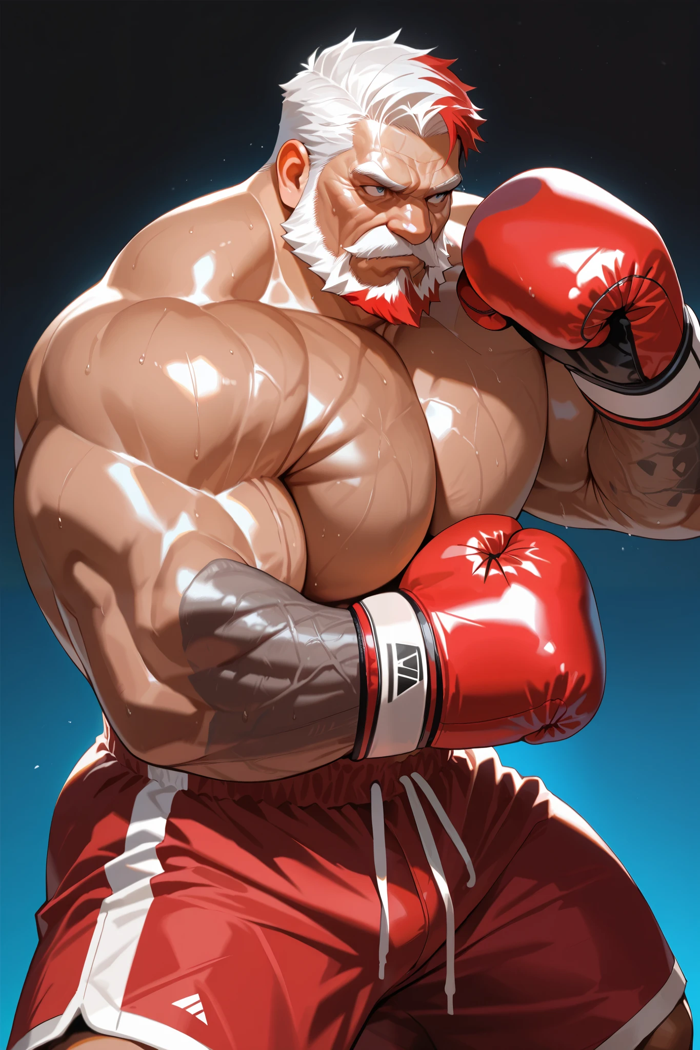 solo, 1boy, (Huge Muscular Old man as a boxer, wearing boxing gloves, fighting stance, wearing shorts, topless) (short hair, 2tone hair color, two tone hair colors, red and white hair color), pectoral, huge pectoral, wide pectoral, short white hair, short bearded, simple background, masterpiece, high detailed, 8k, high resolution, highly detailed, 8k, Masterpiece, Anatomically Correct, Best Quality, Textured Skin, Ray Tracing