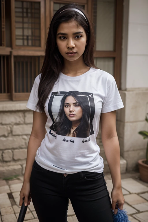generate me a picture of a Cambodia women who 22 years old small waist and have a beautiful face and black curly hair and her weight is 48 kilogram wearing white gucci t shirt and short skirt