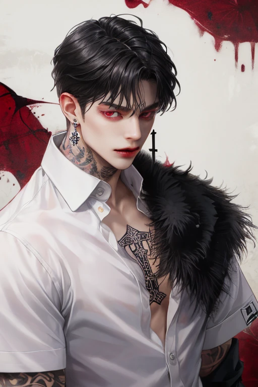 (masterpiece), best quality, seductive eyes, perfect face, handsome man, red eyes, short messy black hair, long nose, body tattoos, topless, long black pants, black sneakers, full body, extremely tall man, long legs, long calves, anime cover, 1boy, ear piercings, adult-like look, standing, bad boy