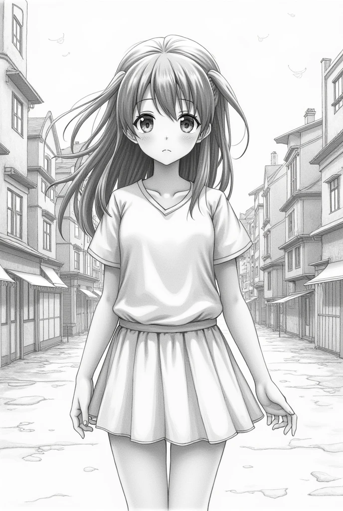 Line Drawing, comics, , Implications, 1 Girl，Look at the camera, best quality, Super Detail，With British architectural background，Clear distinction between light and dark，Have subject light，Tie your hair up，Ball head hairstyle，Angle of view from top to bottom