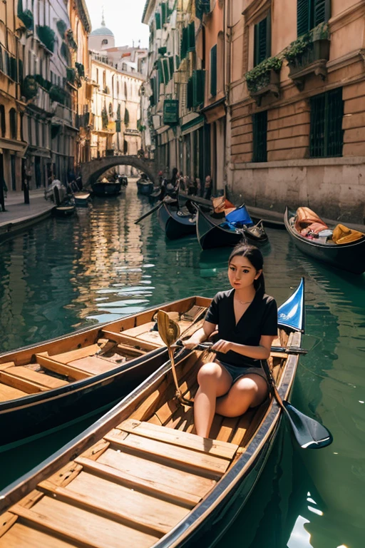 femme brune, gondole a venise, ultra realistic, very detailled, beautiful landscape