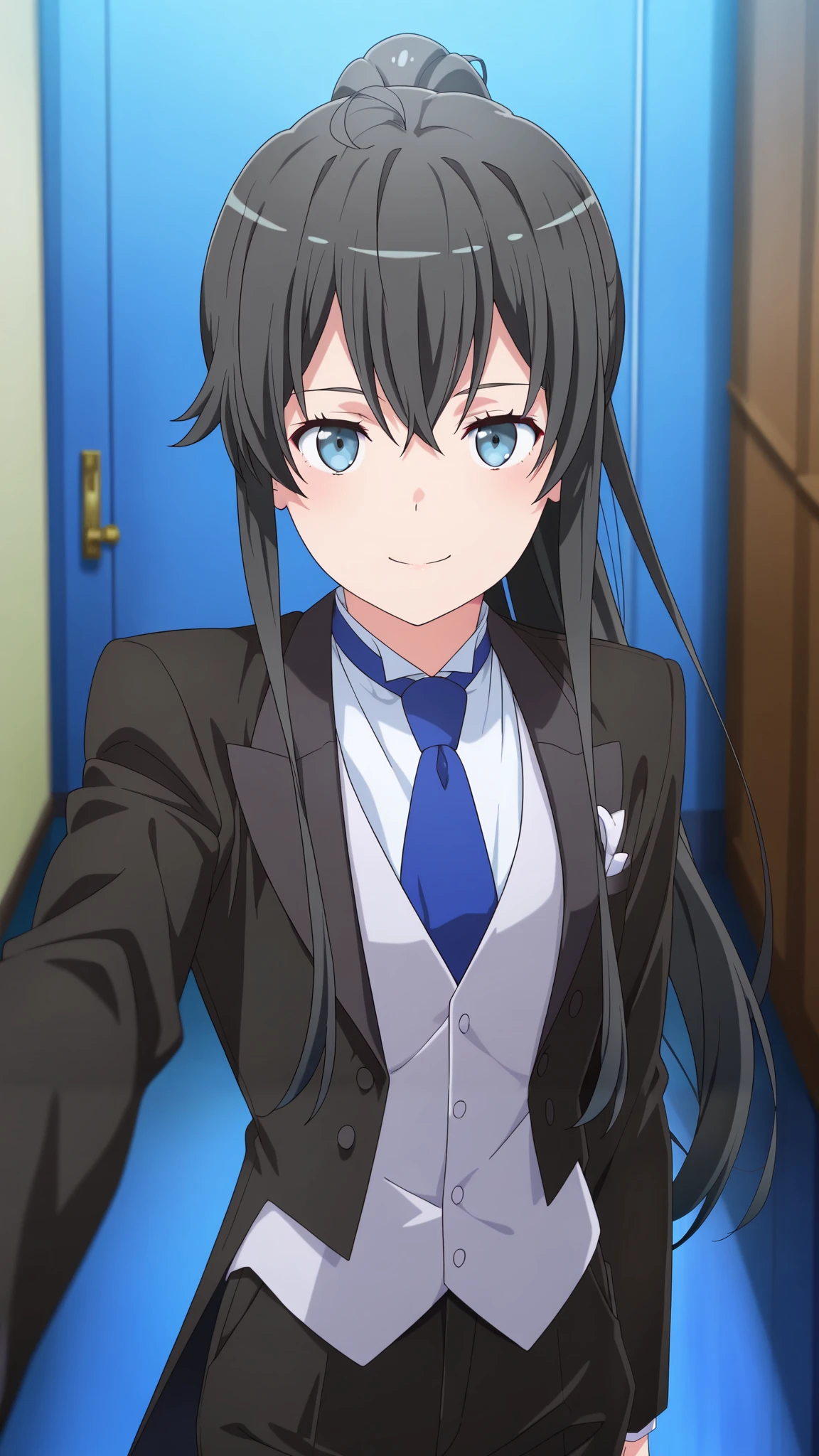 masterpiece,anime coloring,yukinoshita yukino, long hair, black hair, blue eyes, 1girl, solo,, suit tuxedo , , long hair, bangs, sidelocks, indoors, standing,happy,smile,looking at viewer, cowboy shot, blue tie woman in formal attractive suit tuxedo tailcoat standing in a large alcove in the room, , reaching towards viewer , , badass ,