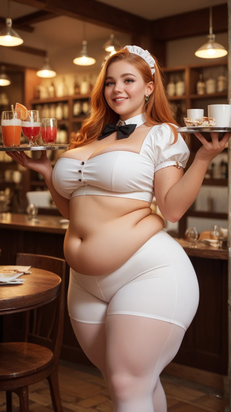 masterpiece, (photorealistic), (8k wallpaper) , (best quality), perfect quality, solo, (detailed eyes), girl, red hair, shirt curvy hair, very beautiful, (side view), young, pose: ((side view), sitting on chair, looking forward), face : (small smile, young, very beautiful face, plump face, double chin, plump cheeks, small smile, very beautiful, cute face, young, big eyes) , figure: ( very full body, very full figure, very curvy, very thicc, very thick, chubby, chubby belly, chubby belly bottom, big deep navel, very soft, very curvy, love handles, sexy curves, wide hips, sexy, muffin top, very thick thighs, thunder thighs) , clothes : (tight white lingerie)
