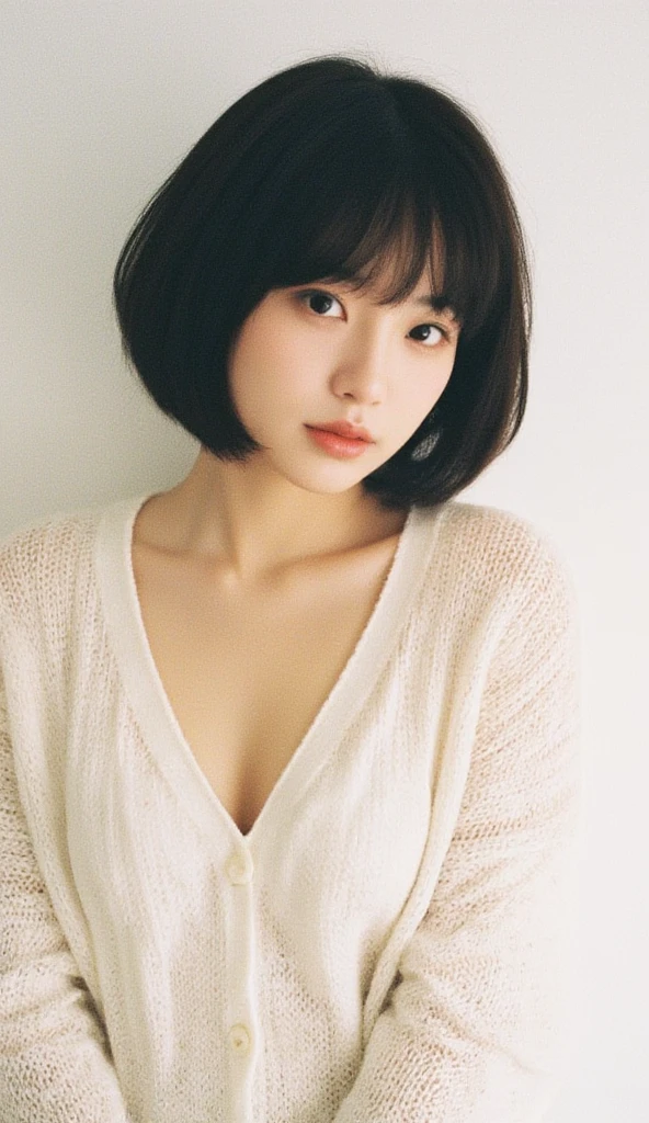 top-quality、masterpiece、high resolution、1girl in,Solo,Raw photo,Real person, Detailed skin,Japanese,Black hair、bangs with a thin bunch, short-cut, shaggy cut, ,The upper part of the body、cropped knit, coffee shop