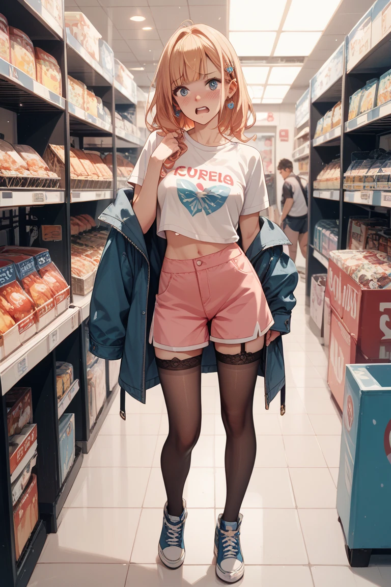 Solo, 1Female, (Short Fluffy Messy Hair, Bobcut with Long Sideburns, Red/Orange Hair Colour), Blue Eyes, Cute Face, ((Freckles on Cheeks)), Average Breasts, Wide Hips, Thick Thighs, Curvy Figure, Reddish-Orange Long Hoodie, Tight Blue Jeans, ((Thin Cute Glasses)), Timid Expression, Soft Blush, Timid Pose, ((Standing in Convenience Store)), (Masterpiece, 4K Quality, Perfect Anatomy, Perfect Hands)