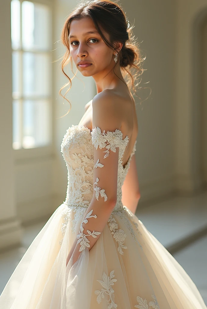 A stunning photograph of a young woman standing elegantly in pose in front of a grand, baroque-style door. The woman has a sophisticated updo hairstyle and dons a breathtaking white, off-the-shoulder lace wedding gown adorned with intricate floral patterns. The luxurious room surrounding her features all-white floral carving panels on the walls, adding depth and texture to the enchanting scene. The soft, diffused lighting illuminates the subject gently, emphasizing the intricate lacework on the dress and hair. The camera angle captures the symmetry of the setting and pose, creating a timeless and captivating image., photo
