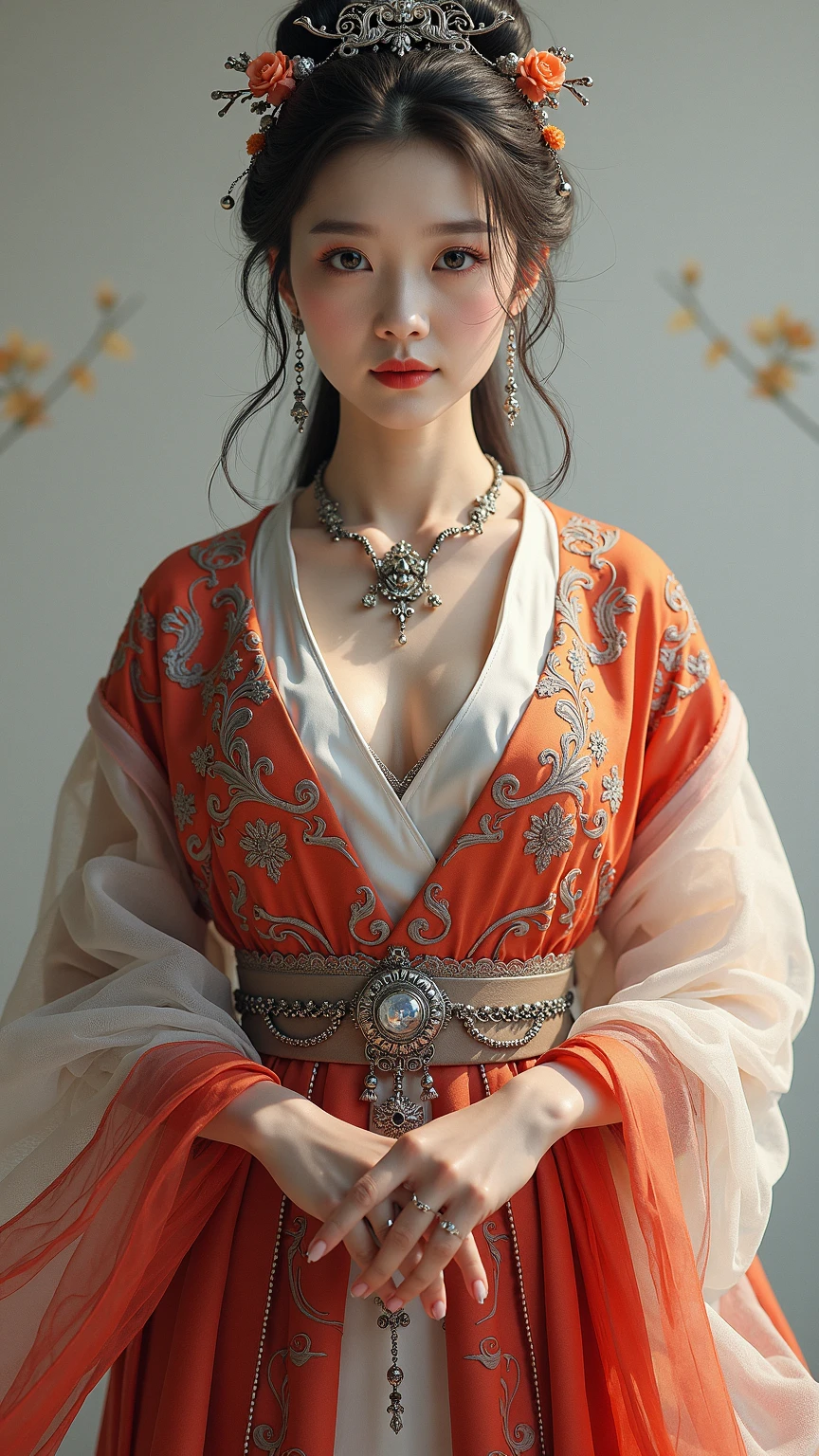 portrait of a beautiful 20 year old holy woman, wearing a thin multicolored silk dress, beautiful face without blemishes, ((natural smile:0.3)), Mouth closed, ((7-color hair length:1.2)), big crown, hair brooch, hanfu dress, chinese ancient style, full body jewelry, forehead tattoo, super even chest, face, red lips, delicate pink and white eyes (white and detailed) cinematic, light and dark, dramatic lighting, magical light, extremely detailed light, true color, super sharp, realistic, 8k quality, fantasy universe background, saints and magical space, the most detailed images, Exhibition photo, awarded, Eye-catching bright tone effect,