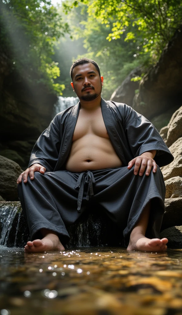a 38-year-old Japanese former rugby player wearing soaked white brief sit by the mountain stream. his legs spread a part stocky chubby thick short beard very short hair rain big bulge of crotch shirtless