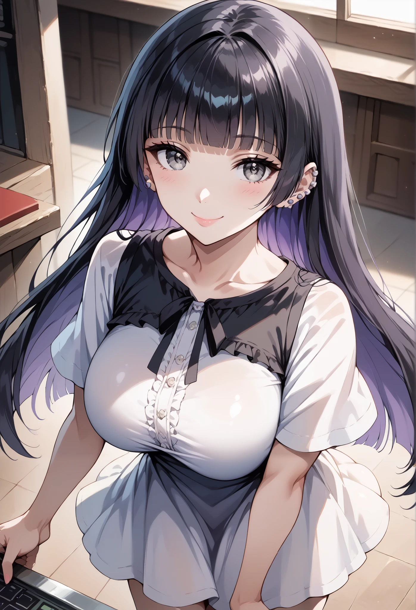 score_9, score_8_up, score_7_up, source_anime, 4K,perfect fingers,(perfect hands, perfect anatomy),prefect lighting, very aesthetic, intricate details,highly detailed background, masterpiece, high quality, best quality,
1girl,solo,pasan, pasan, ((black hair:1.5)), blunt bangs, blunt ends, chin piercing, colored inner hair, ear piercing, grey eyes, hime cut, long hair, medium bangs, multicolored hair, piercing, purple hair, ((large breast:1.5)),
wearing ((casual dress,frills,ornate clothing, )),,
looking at viewer, depth of field, looking at the audience, a little smile, pov, noon, ((high angle view)),