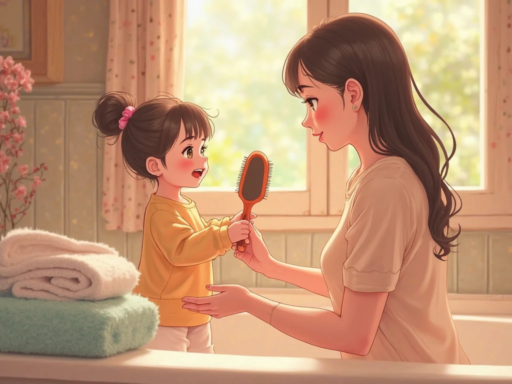 Mother holding a hair dryer, blowing her 's hair, white background, real person.