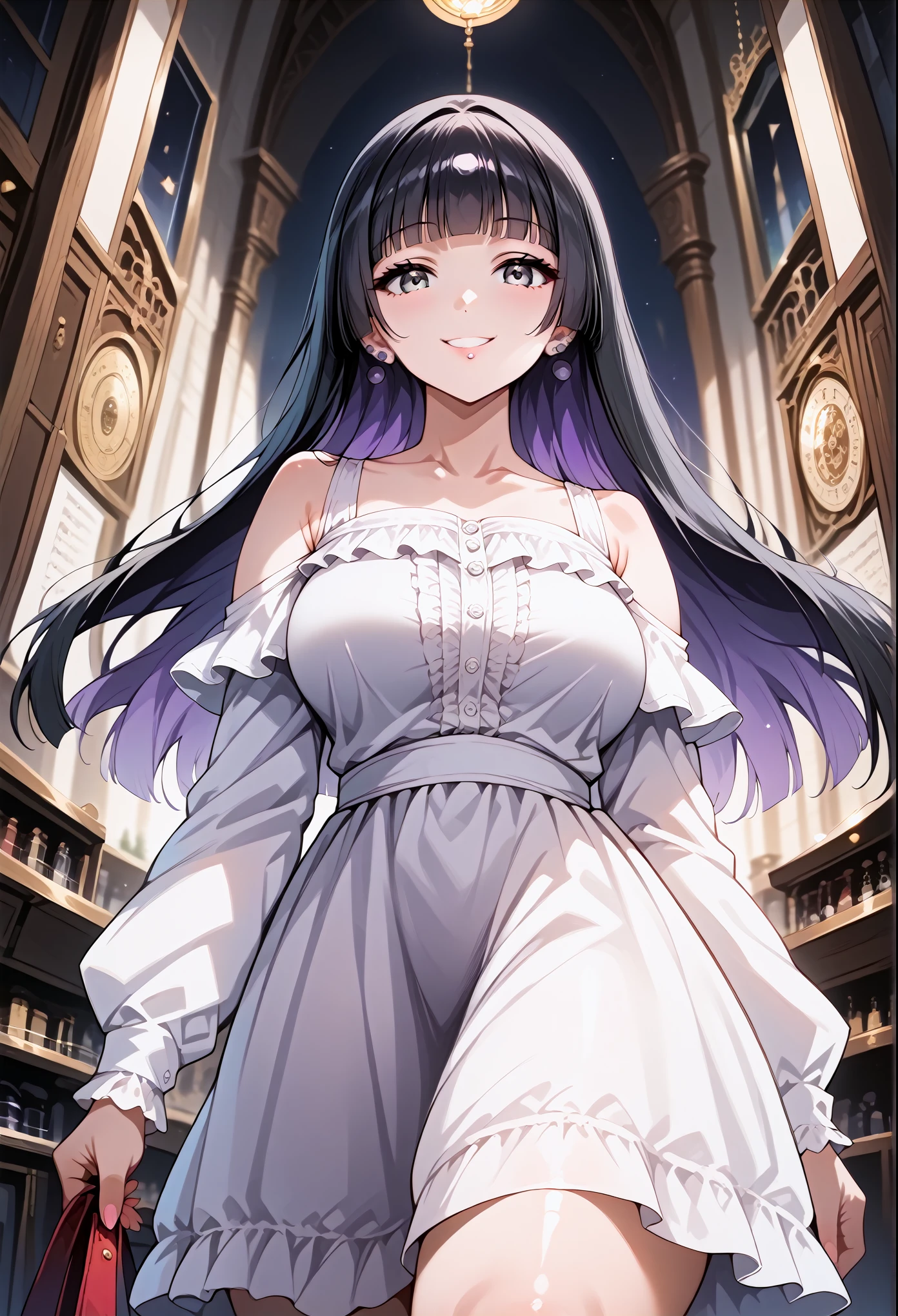 score_9, score_8_up, score_7_up, source_anime, 4K,perfect fingers,(perfect hands, perfect anatomy),prefect lighting, very aesthetic, intricate details,highly detailed background, masterpiece, high quality, best quality,
1girl,solo,pasan, pasan, ((black hair:1.5)), blunt bangs, blunt ends, chin piercing, colored inner hair, ear piercing, grey eyes, hime cut, long hair, medium bangs, multicolored hair, piercing, purple hair, ((large breast:1.5)),
wearing ((casual dress,frills,ornate clothing, )),,
looking at viewer, depth of field, looking at the audience, a little smile, pov, noon, ((low angle view)),