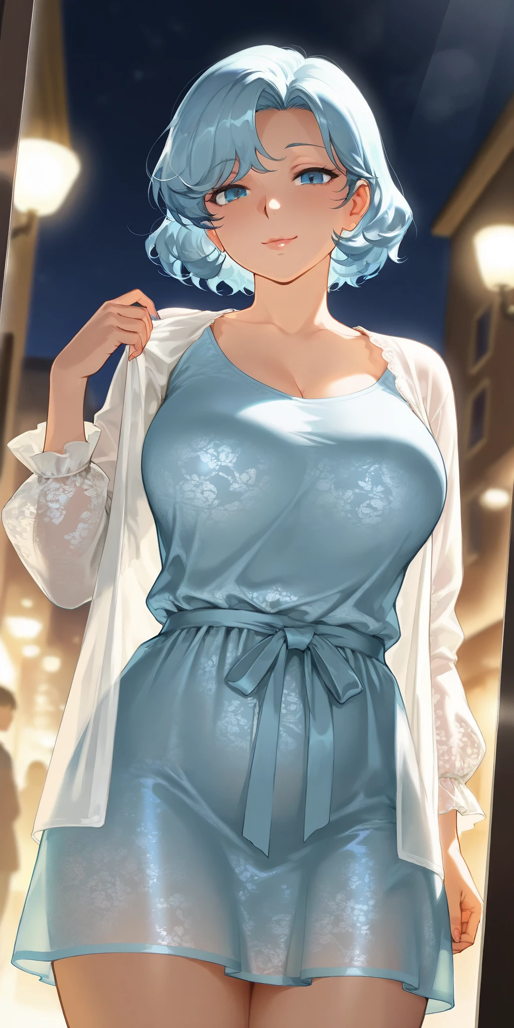 mature woman, housewife, blue hair, blue eye,Short Hair, slightly wavy hair, casual wear, soft light, Night in the moonlight , the best quality , bitch, prostitute, whore, light blue tshirt tops covered, printed pattern using costume in different design and royal looks., open clothes transparent dress sunlight reflection.
