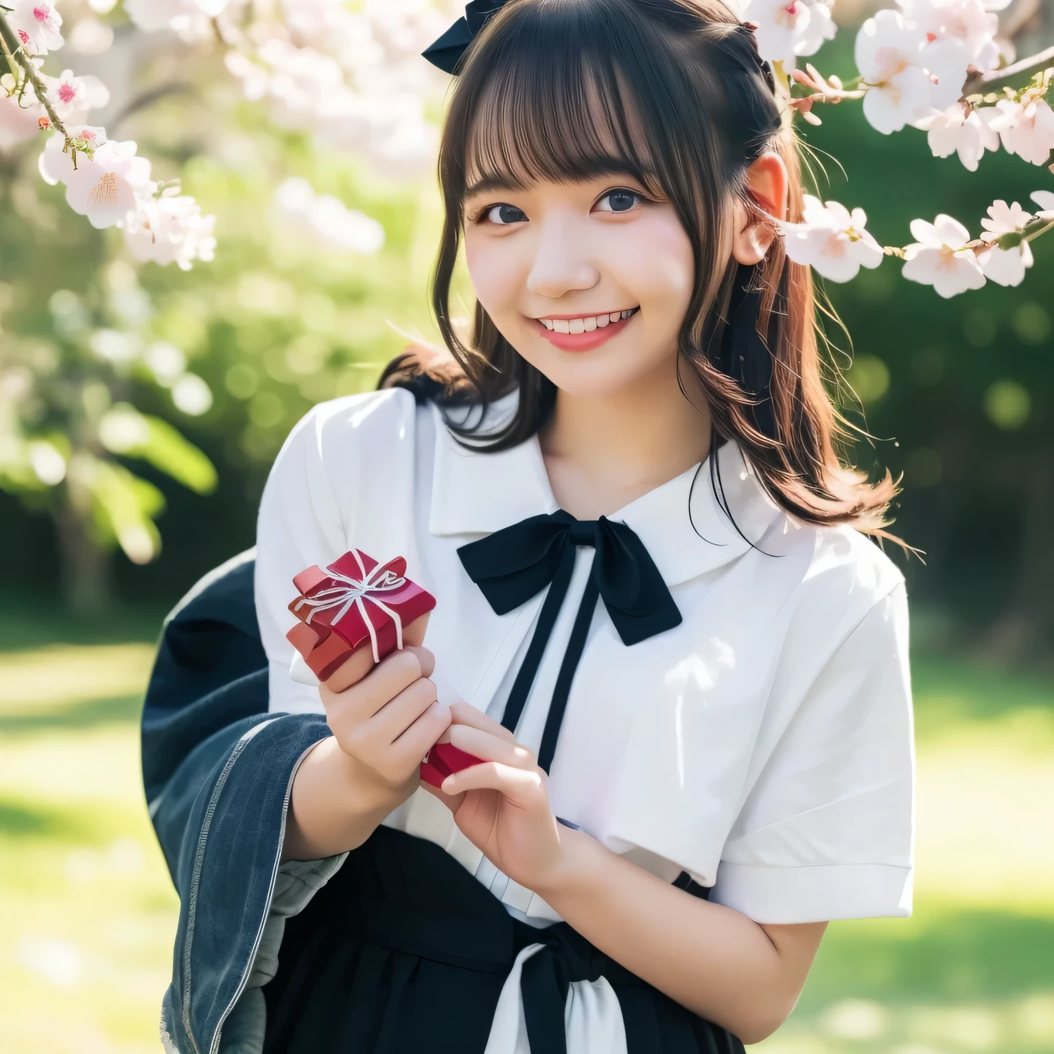 A breathtakingly beautiful 20-year-old woman stands in a lush park filled with cherry blossoms in full bloom beneath a clear blue sky. She wears a classic sailor uniform and gently holds a small, neatly wrapped gift box adorned with a red ribbon. Her radiant smile and joyful expression convey heartfelt happiness. Dark hair, long hair, dark eyes.