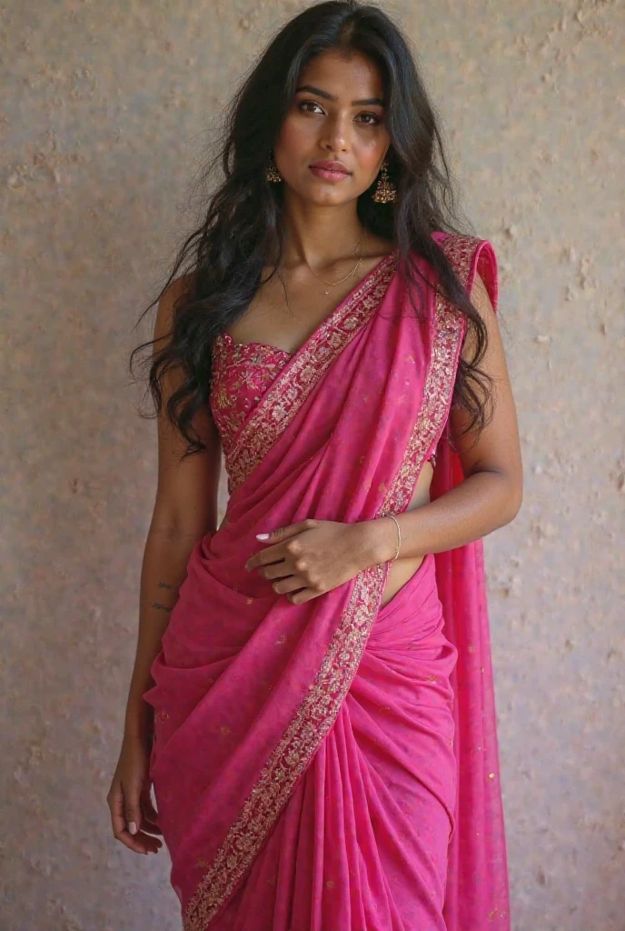 18 year old indian girl who is from the village and is wearing a pink salwar suit and red lipstick