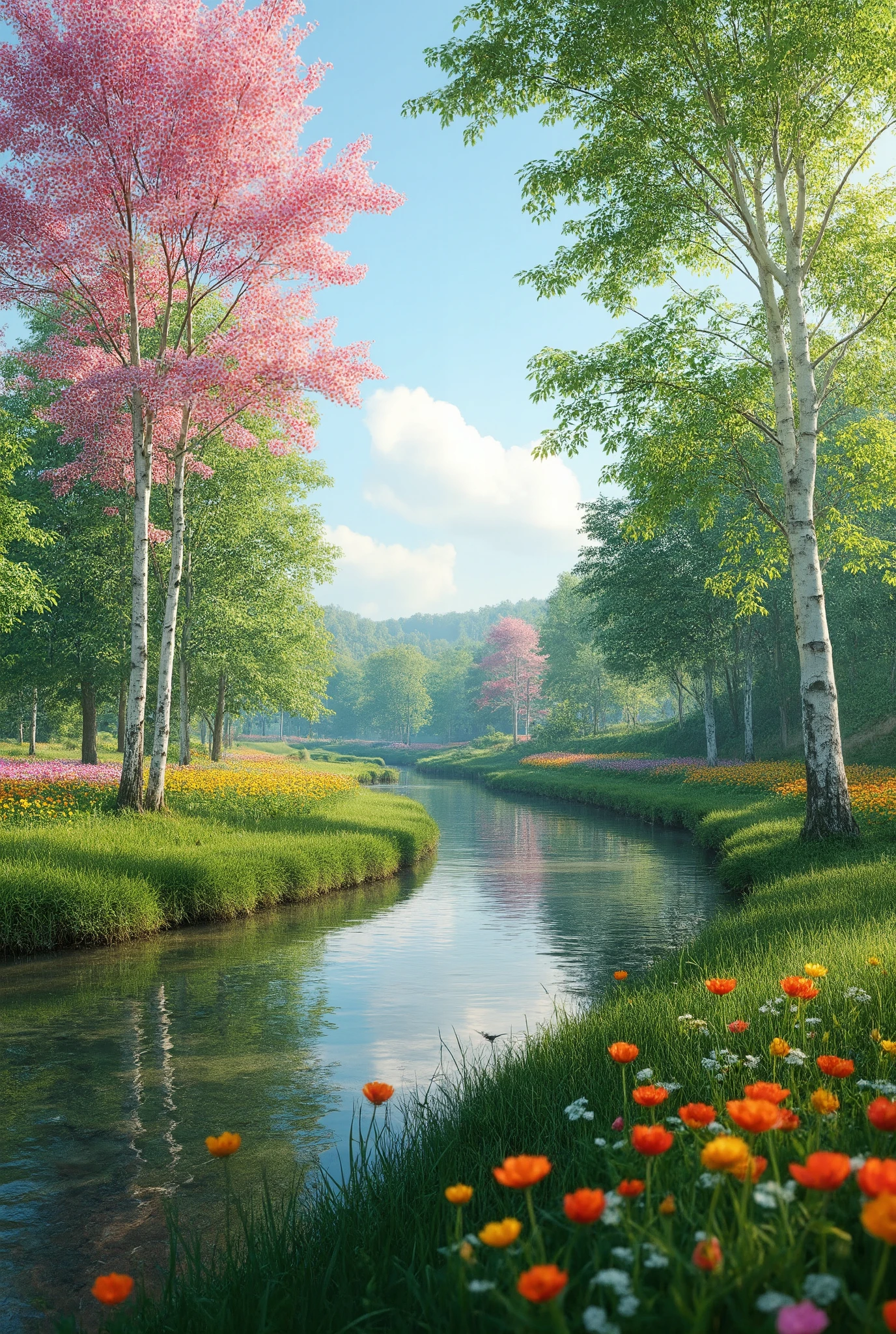 high image quality画像では、beautiful images(Extremely impressive SiveCG Unity 8k images),spectacular canal images of white birches in the forest,high image quality, Flower season,Seven Colored Detailed Flowers ,realistic images、Blue sky passing through、fascinating wonderful views that have become a hot topic。