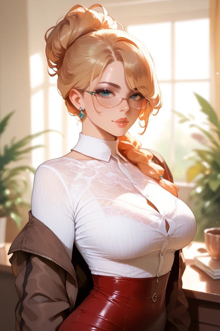 score_9, score_8_up, score_7_up, score_6_up, anime_source, thicc female lawyer, from front, bending forward, leaning on a table, lawyer robe, deep cleavage, blonde hair, hair bun, blue eyes, glasses, necklace, busty, 