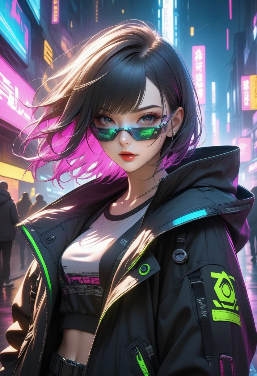 a beautiful photorealistic photograph of 2 cyberpunk catgirls with fringe cut bangs long multicolor hair, ((Best quality)), ((masterpiece)), (detailed: 1.4), depth of field focus f/2.8