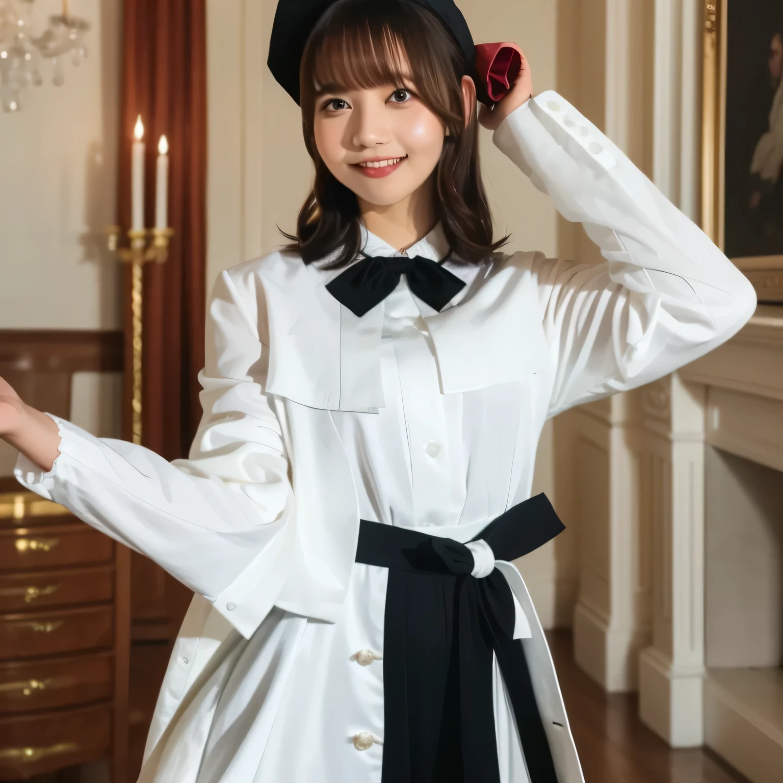A breathtakingly beautiful 20-year-old woman stands in an opulent mansion room, dressed in a classic black-and-white maid outfit with a short hem and a white brim cap. Her confident smile radiates warmth. The room features elegant furnishings and decor befitting a grand estate, bathed in soft, natural lighting that enhances the sophisticated ambiance. Dark hair, long hair, dark eyes.