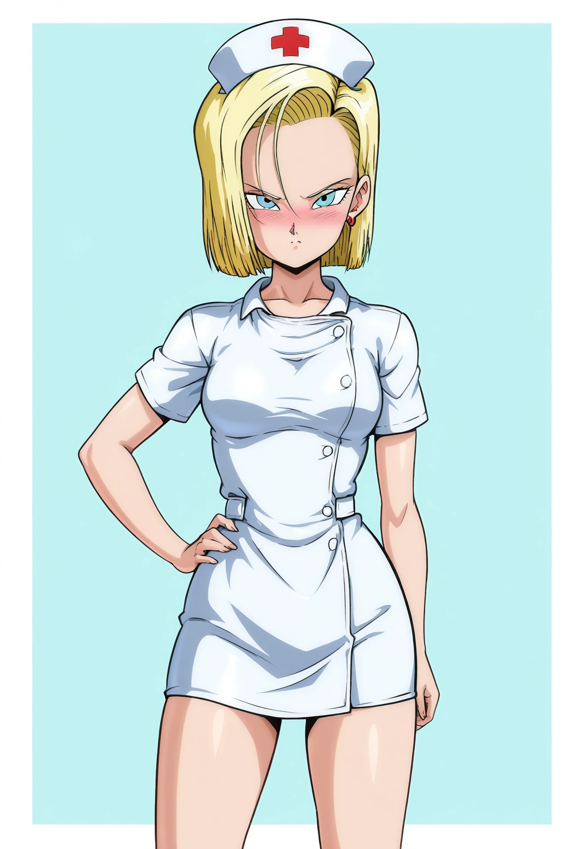 nurse, nurse cap, breast pocket, collared dress, short dress, short sleeves, thighs, white dress, white headwear,android18