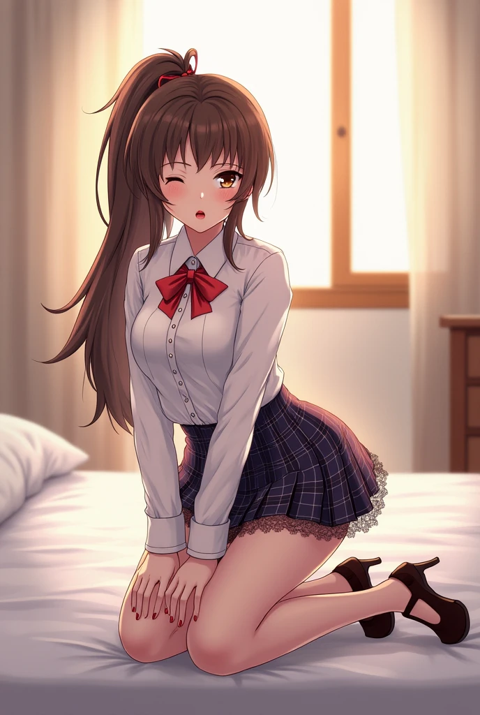 masterpiece, One girl, Brown haired girl, Sailor suitを着て, Long Hair, The body is slim, Pink eyes, Ahoge, Baby Face, Large Breasts, Beautiful breasts, Long sleeve, Beautiful Eyes, (Black knee-high socks:1.1), skirt, プリーツskirt, Sailor suit, Tight shirt, skirt, Bedroom M-shaped legs Pussy Open legs Horny Tongue licking Slanted eyes (Dildo:1.3) Pussy Masturbation