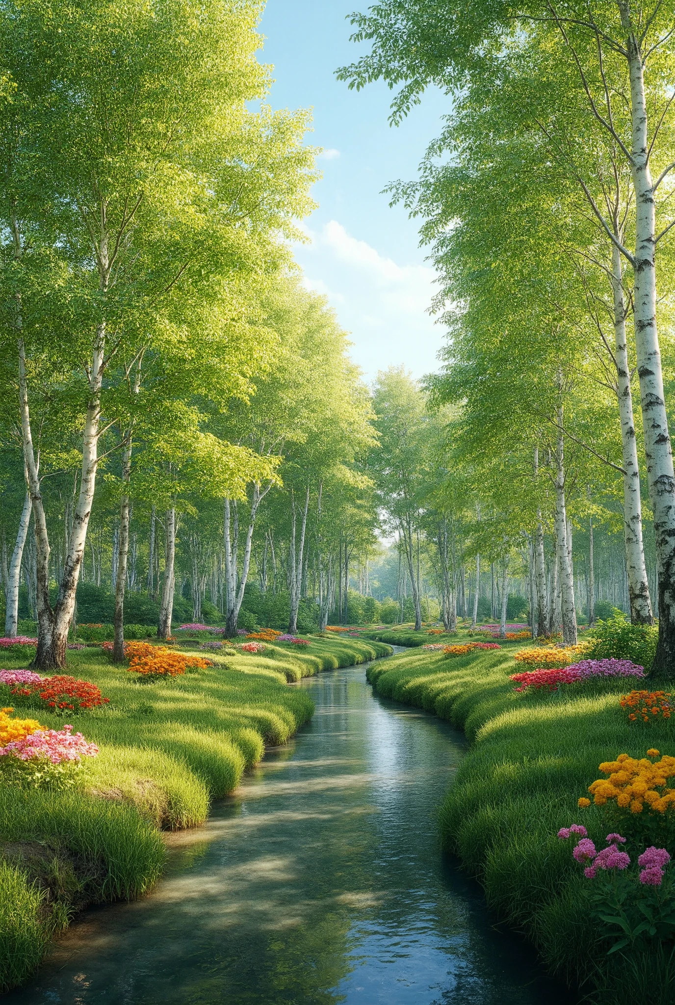 high image quality画像では、beautiful images(Extremely impressive SiveCG Unity 8k images),spectacular canal images of white birches in the forest,high image quality, Flower season,Seven Colored Detailed Flowers ,realistic images、Blue sky passing through、fascinating wonderful views that have become a hot topic。