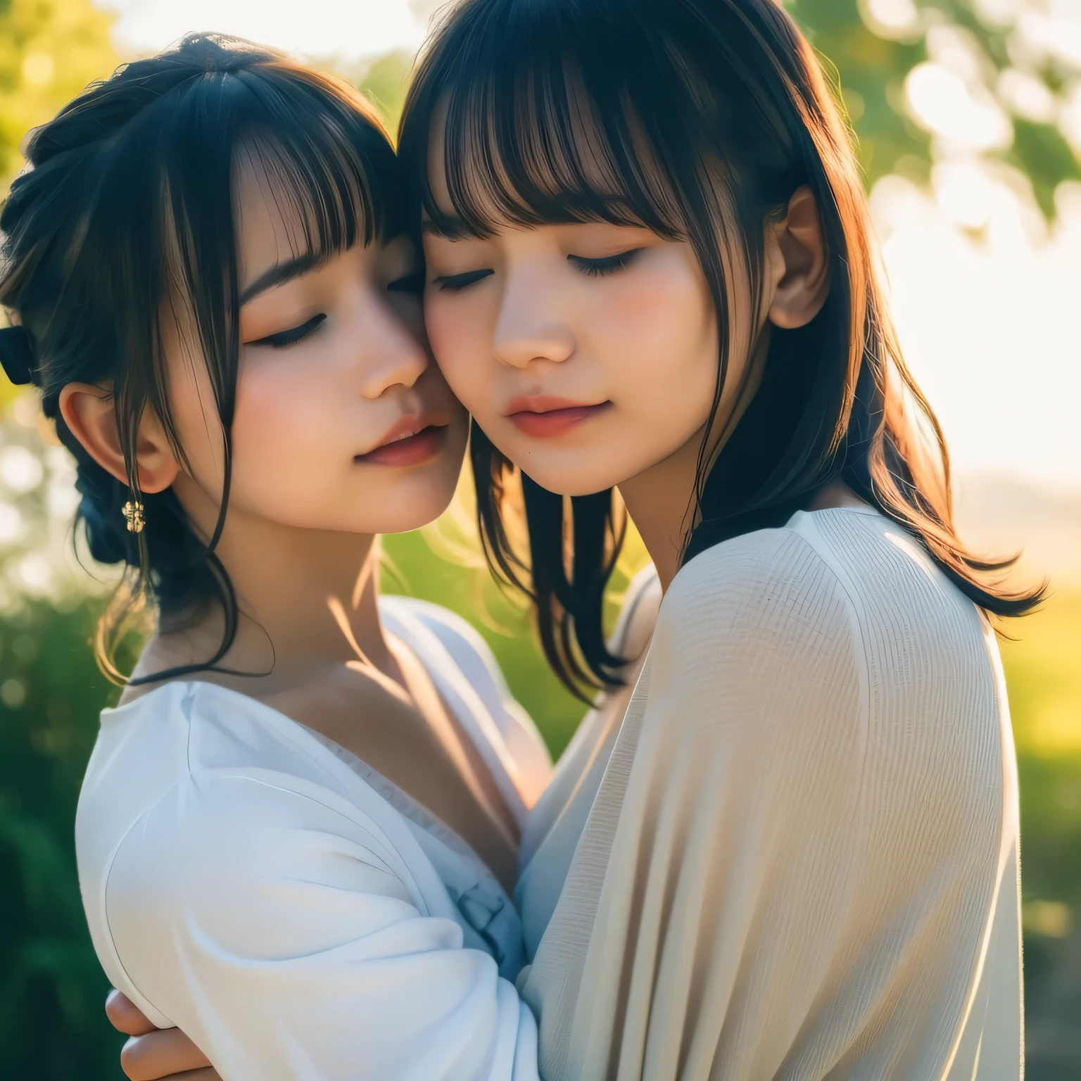 A breathtakingly beautiful 20-year-old woman stands in a lush green park at sunset, bathed in the warm golden light of the evening sun. Facing forward, her eyes gently closed, cheeks slightly flushed, and her face tilted upward as if anticipating a kiss, she embodies serenity and romance. The soft hues of the sunset complement the tranquil surroundings, enriching the dreamy atmosphere. Dark hair, long hair, dark eyes.