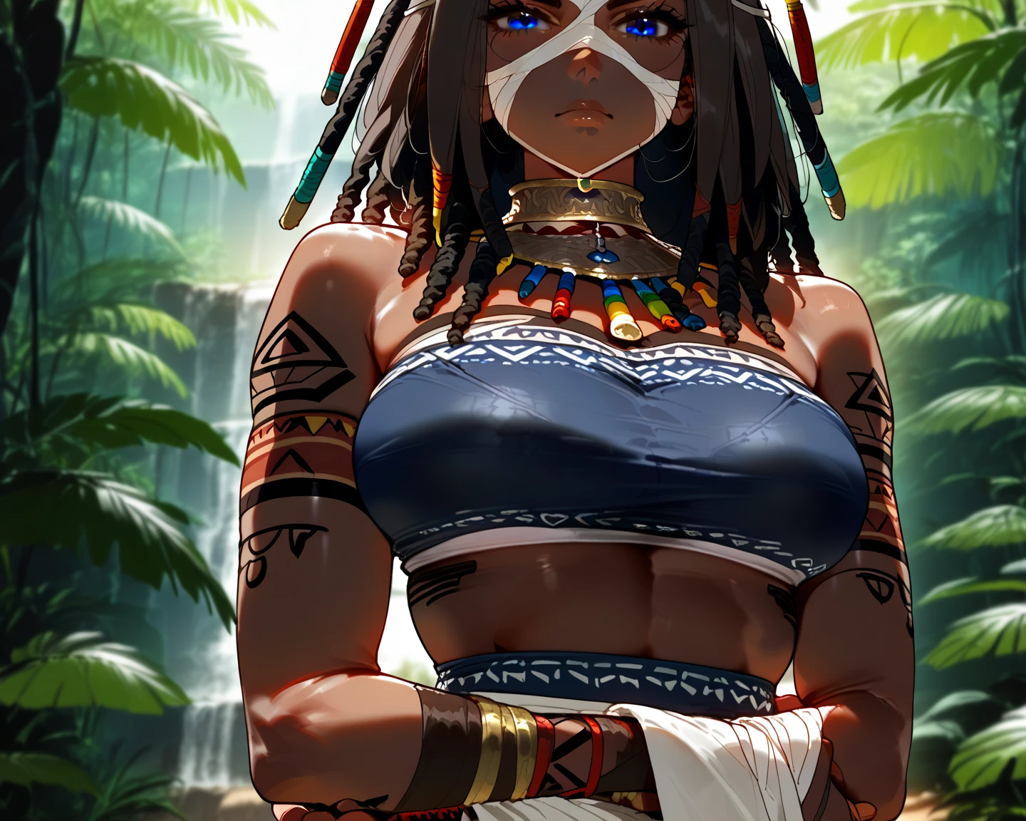 ((Highest quality)), ((masterpiece)), (detailed), (Perfect Face)、The woman is a beautiful native African tribal woman.で綺麗で豪華な花嫁のアクセサリーで装飾されて部族の逞しい男と情熱的に抱き合い深く誓いのキスをして深く愛し合い部族の広場で結婚式を挙げて妻として男に尽くし生涯添い遂げる部族繁栄のために夫との子供を産み続ける事を部族の精霊に誓う、The woman is Yuuki Asuna, a black woman with pitch black skin and naturally curly hair. She has light brown, very short afro hair that is naturally curly and finely braided into dreadlocks that are swept back in a tribal hairstyle, with little hair volume, she is an African black woman with tribal makeup, black nipples, tattoos all over her body, and a beautifully colored tribal outfit that does not cover her breasts.、The woman was a complete African native nude tribeswoman, and had become a nude tribeswoman in both body and mind.、The woman is a native African woman and a member of the tribe's nude tribe, living happily with her friends.、The woman is a beautiful native African tribal woman.