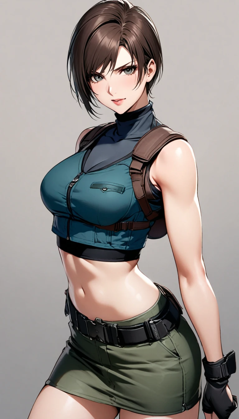 (Obra de arte, Mejor calidad:1.2), jill valentine, 1 chica, pose lateral, ella tiene su cuerpo de lado, de lado para o espectador, fingerless guantes, guantes, ojos azules, pelo corto, by the chestnut, Solo, funda, piernas abiertas, senos, pantalones, regata, belt, large senos, black guantes, mirando hacia el lado, shoulder funda, coderas, thigh funda, parted Labios, Labios, blue regata, camisa azul, contrastado, borroso, vaqueros, clavicle, REDESIGN, sin mangas, Jill Valentim,