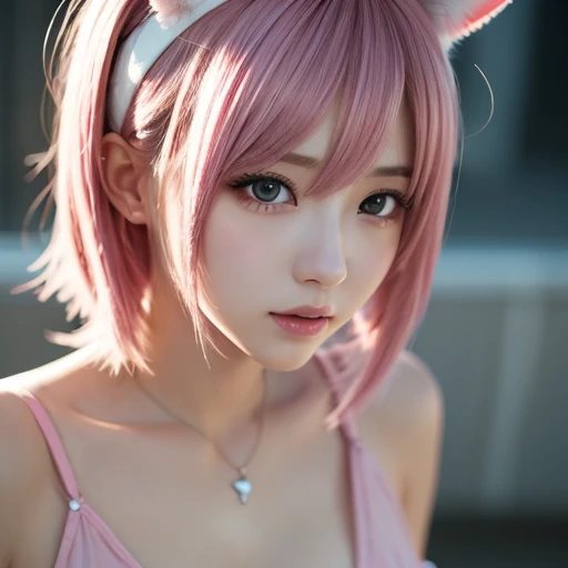 1foxgirl, realistic, (looking at viewer:1), (ulzzang-6500:0.66), thighs, bare legs, dappled sunlight, best quality, ultra high res, (photorealistic:1.4), YaeMiko, fox ears, fox face, short hair, pink hair, yae_sakura, jewelry, cherry blossoms, (smile:1), bare_shoulders, hair_ornament, purple_eyes, , detached_sleeves, detailed eyes,, (light smile:1), (small breasts:1.4), , (bare upper body:1.4), (puffy nipples:1), arms behind back
