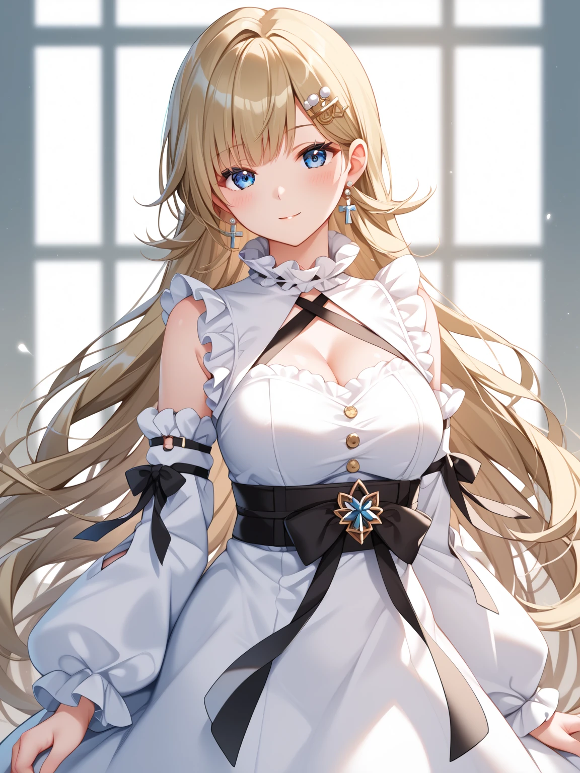 by rella,(1girl,20 years old,mature female),blonde hair,long hair,white dress, sleeveless, bow tie, bare shoulders,smile,cleavage,pantyhose,((white background)), aesthetic, detailed, beautiful color amazing quality, best quality, high quality