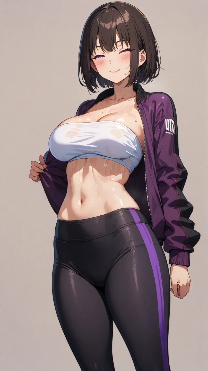 score_9, score_8_up, score_7_up, score_6_up, score_5_up, score_4_up, source_anime
, 1girl, Keqing (genshin_impact), genshin_impact, large breasts, collarbone, breasts focus, floox style, \\\\\ jacket,, open clothes, purple jacket, purple track suit,, sportswear, standing, track jacket, purple track pants, track suit, \\\\\ steam, steaming body, sweat,, rating_explicit, high resolution, deep breath, head out of frame, grey background, solo, , nipple slip, blush, embarrassed, hug herself