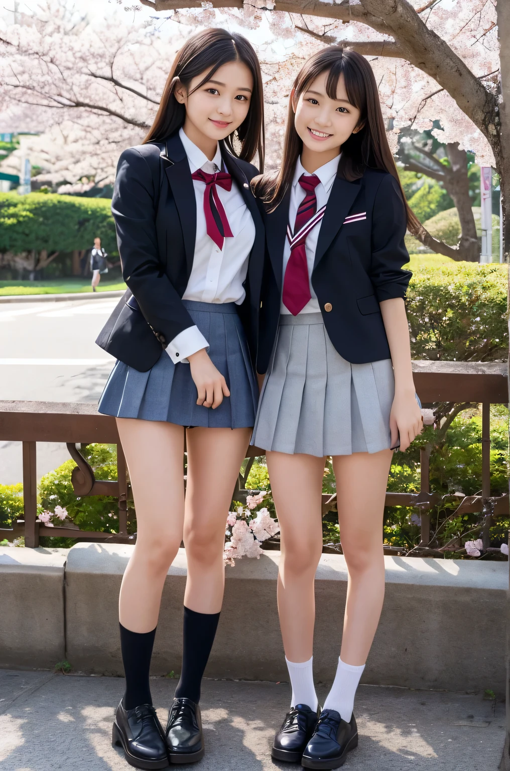 (8K), (highest quality: 1.2), (realistic), (realistic: 1.37), ultra high resolution, 1 girl, cute, angry face, closed mouth, beautiful details, beautiful nose,beautiful hair,ponytail,thighs,college uniform,simple dark blue satin blazer,satin white blouse,A bow tie,pleated skirt,School,Cherry blossom trees in full bloom,(The pattern of the skirt and tie is a dark blue tartan check pattern.:1.3),(The check pattern on the skirt is a little finer.:1.2),(Opaque black thigh-high socks:1.4) ,Close up on thighs,avert your eyes,