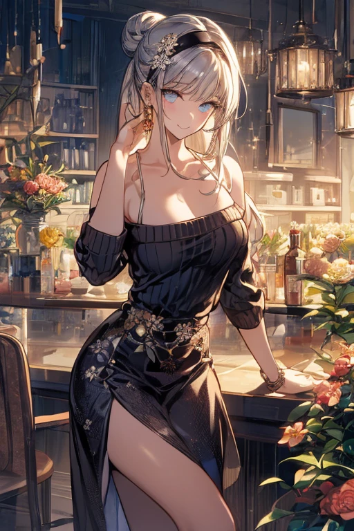 (masterpiece, best quality:1.2), (high resolution, 8K RAW photo, photo realistics, clear focus, weak outline:1.3), (cinematic lighting, moody, textile shading), pov, (solo:1.5), 1 matured woman, 24 years old, (milf:1.5), ((nfsw:1.5, fuge breast:1.3, sagging breast, big tits, breast cleavage, harass sexually, in heat, presenting)), ((Bright beautiful eyes with highlight:1.3)), (sitting a stool in night BAR counter, lying face down on the counter with putting arms on the counter top, looking at viewers, holding a cocktail glass), raised sexy, (little happy smile:1.3, shamed), light purple mesh on silver hair, medium long hair, hair over one eye, asymmetric hair, half updo hair, blue eyes, wearing white sexy party dresses, long skirt with side slit, wearing green see-through shawl around your upper arms, (Luxury detailed accessories, necklace, earrings, Bracelets), bokeh, dynamic angle, upper body:1.2, close-up face:1.5, face focus, from side:1.2, (correct anatomy:1.6, ideal ratio of body proportions, correct hand:1.5, small hands), in a night,