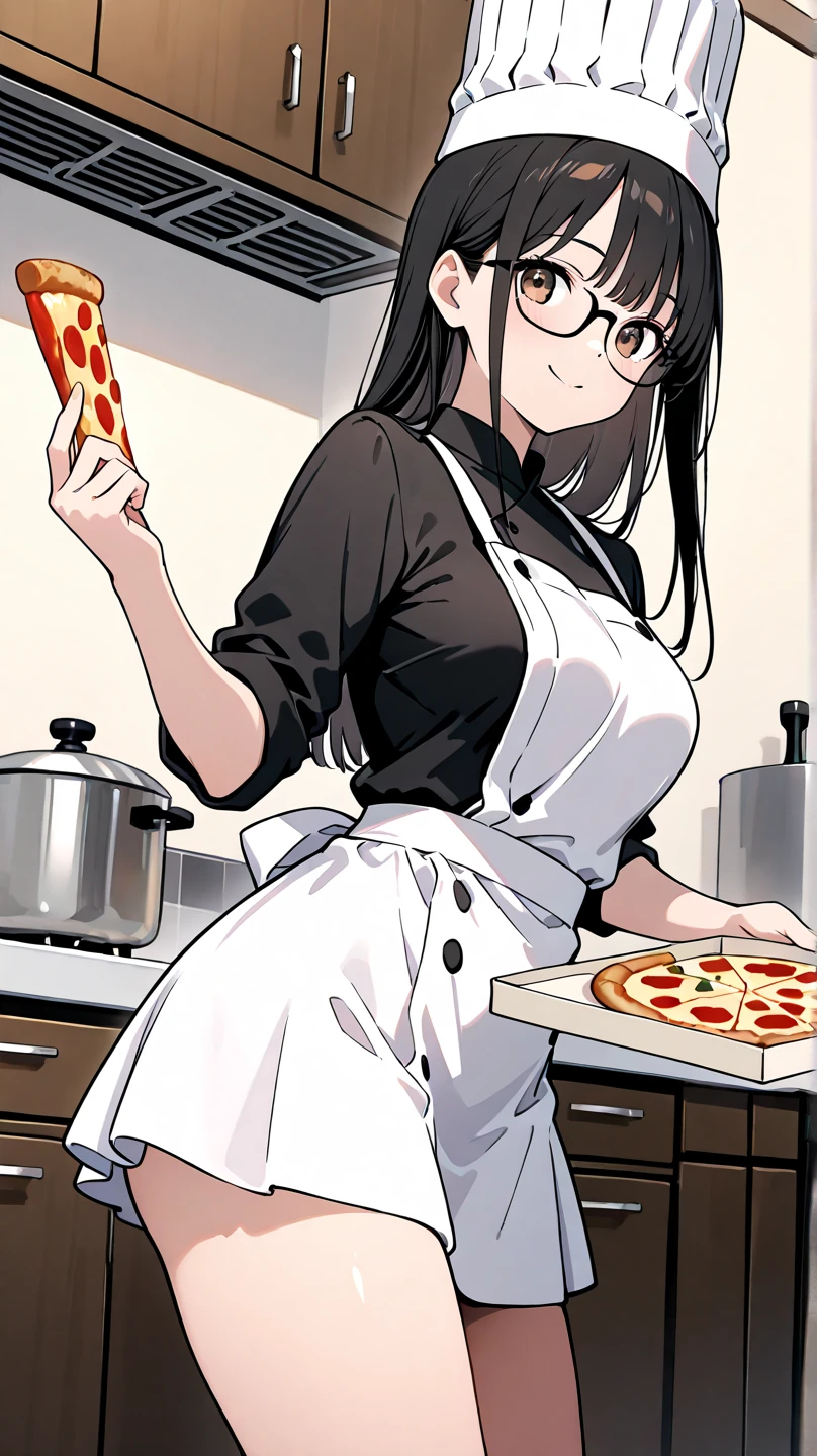 (masuter piece,Best Quality,Ultra-detailed), (A detailed face),Magazine Articles,1girl in,Black hair,Aimei,age19,cute little,Warm smile,I'll eat a giant pizza,Floral apron,foods,Texto,advertisement,magazine title