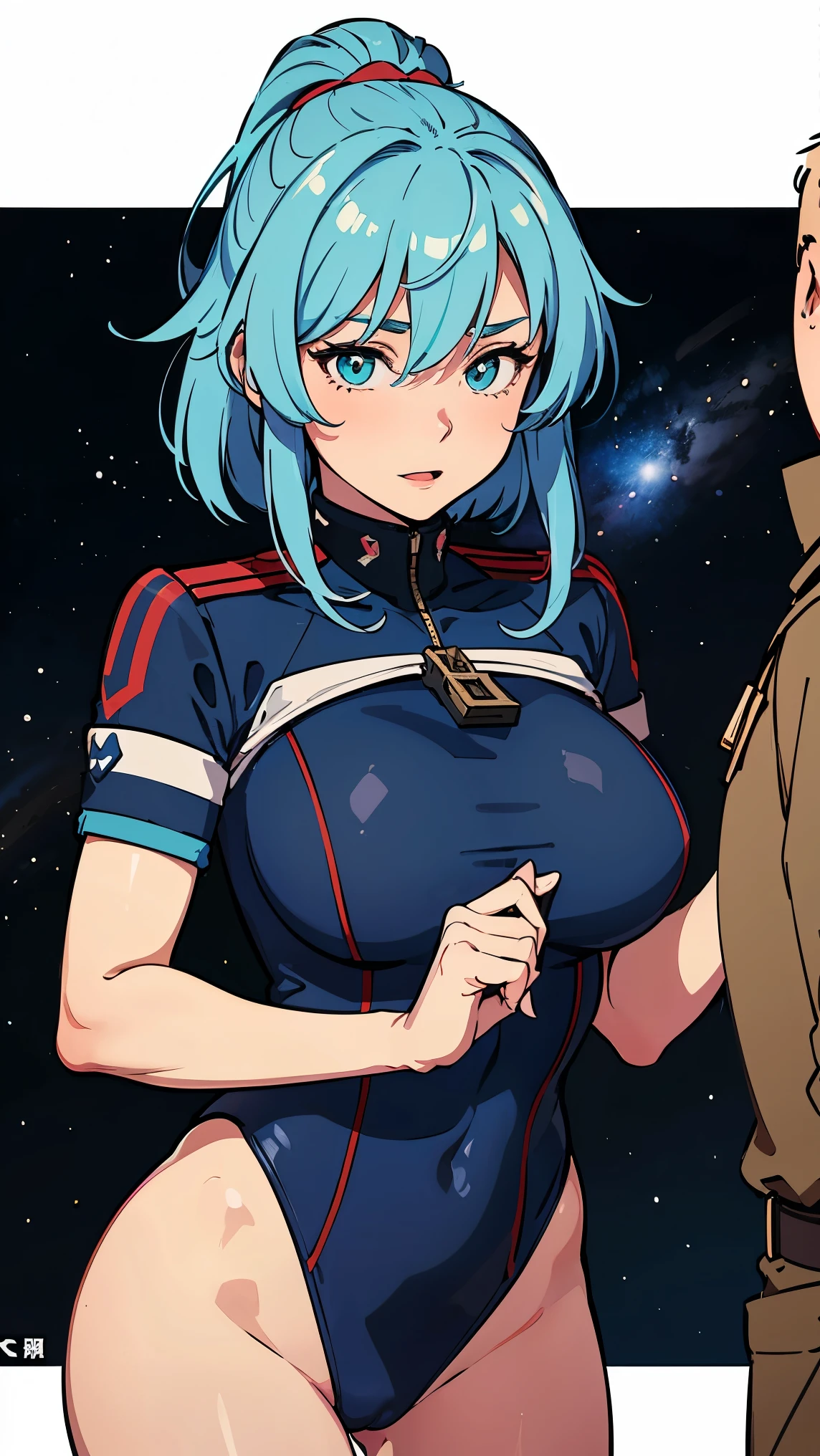 masterpiece, best quality, absurdres, YamashiroRen, blunt bangs, hair ornament, YamashiroRen, blunt bangs, hair ornament, military uniform, epaulettes, white gloves, red cape, black pantyhose, (humble masterpiece), 2d, sketch, sweet, light particles, (blue_theme, purple theme), hands behind back, nostalgic day, bright, flower field, butterflies, (bokeh:1.1), starry skies, milky way, light rays, looking the viewer, Ren Yamashiro's figure is often depicted as slender and graceful, with a subtle yet defined curvature. Her posture is impeccable, standing tall and proud, exuding a sense of elegance and refinement. One's shoulders care delicate, leaning down to slender arms, with her hands gracefully positioned behind her back or by her sides. Her waist is slightly curved, creating a gentle hourglass shape, and her legs are long and well-proportioned, accentuated by the black pantyhose. Ren's overall figure conveys a blend of strength and femininity, reflecting the confident and charismatic personality.