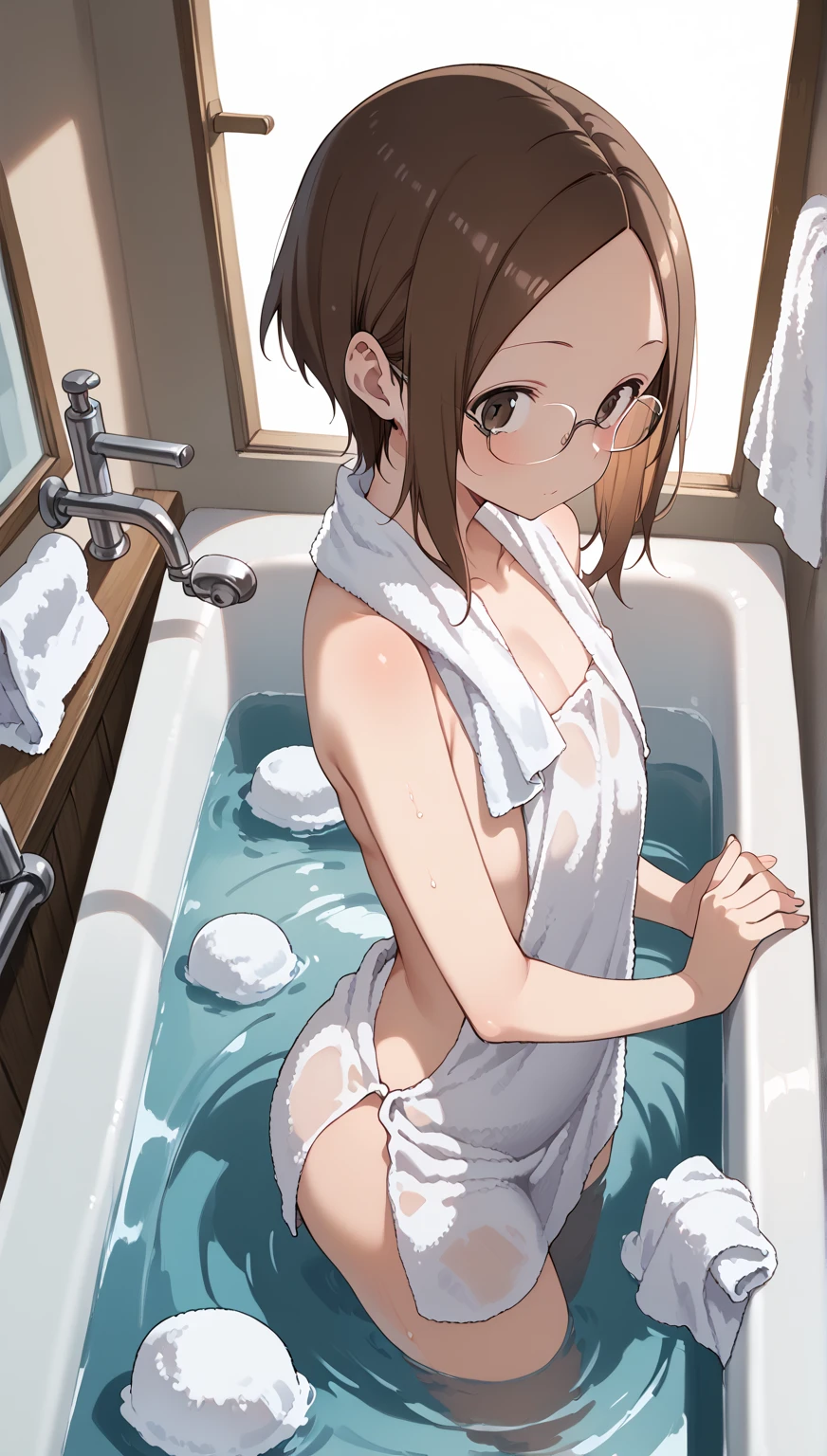 (superflat, flat shading, flat colors:1.1), 1girl, , , , slim,messy brown hair, short and cute completely naked, nude, sitting in a sauna, facing away, warm, best shadows, neutral expression, sitting down, side view, facing away from camera, holding groin, hands on groin