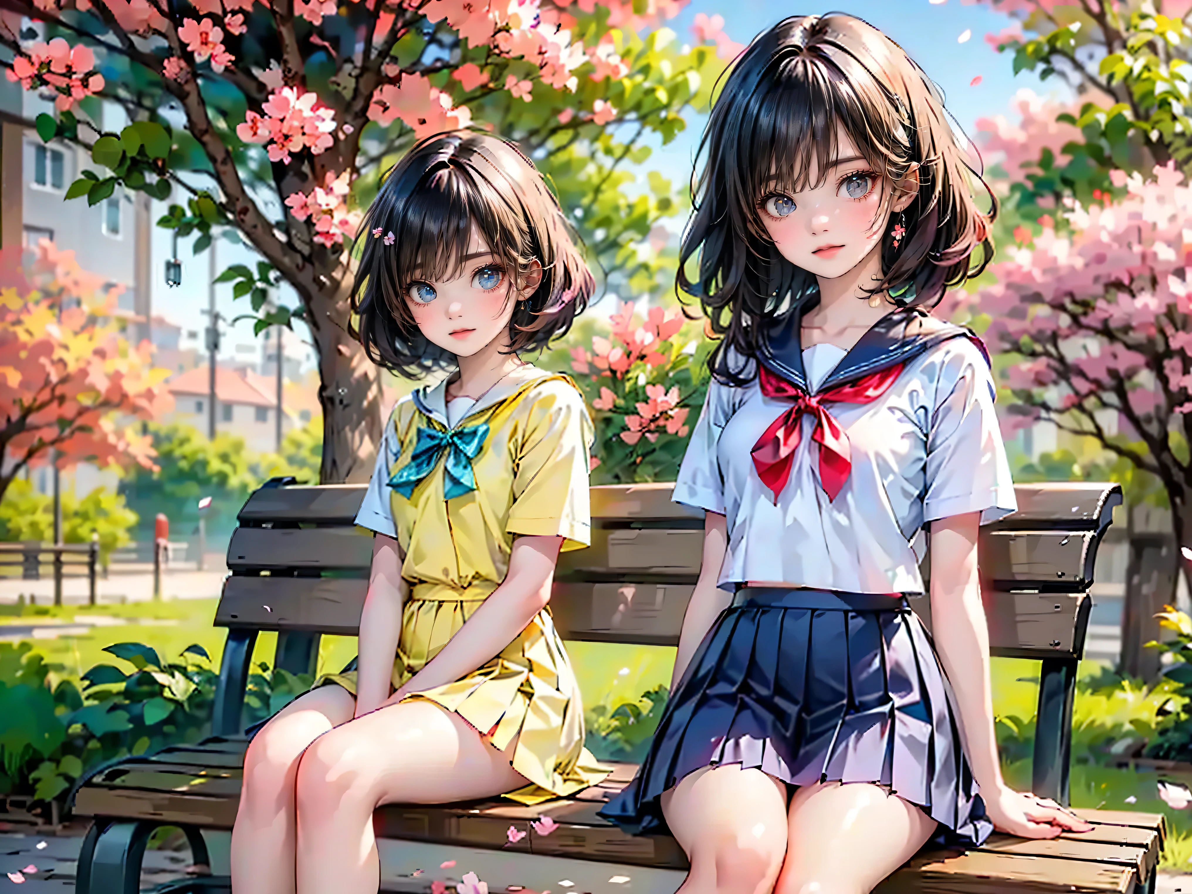 Best quality, 8K, best quality, masterpiece, ultra-realistic, ((high school girl with odd eyes)), ((heterochromia, yellow eyes, blue eyes)), ((exquisite sparkling eyes)), (very fine eyes), (long platinum and purple hair), princess cut, ((transparent smooth white skin)), shiny skin, very white skin, ((very beautiful face, immaculate face)), ((small breasts)), (anatomically accurate), ((detailed depiction down to the tips of the fingers)), ((sitting in a sailor uniform on a bench in a park with many cherry blossom trees)), wearing a dark blue pleated skirt, ((a lot of cherry blossom petals flying in the air)), (((beautiful cherry blossom park)), ((sitting on a bench)), ((beautiful sunset)), smile, very beautiful,