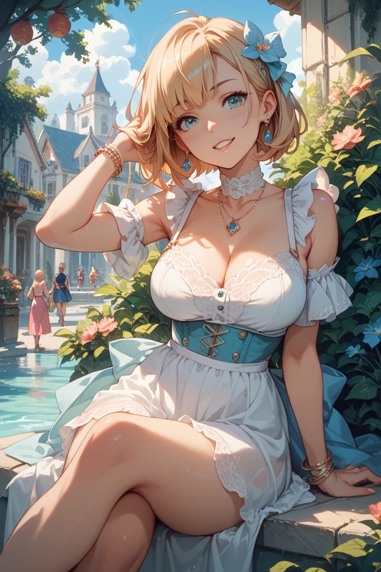 Lumine | genshin impact, master-piece, bestquality, 1girls,25 years old, proportional body, proportional., Wedding Dresses, White Wedding Dress, wedding, gigantic breasts, ,bara, choker, Standing in the middle of a flower garden, outdoor, The sky is beautiful, arm behind back, View viewers from the front., Thigh strap, Head tilt, bored, 10, 10, HD, slight smile,