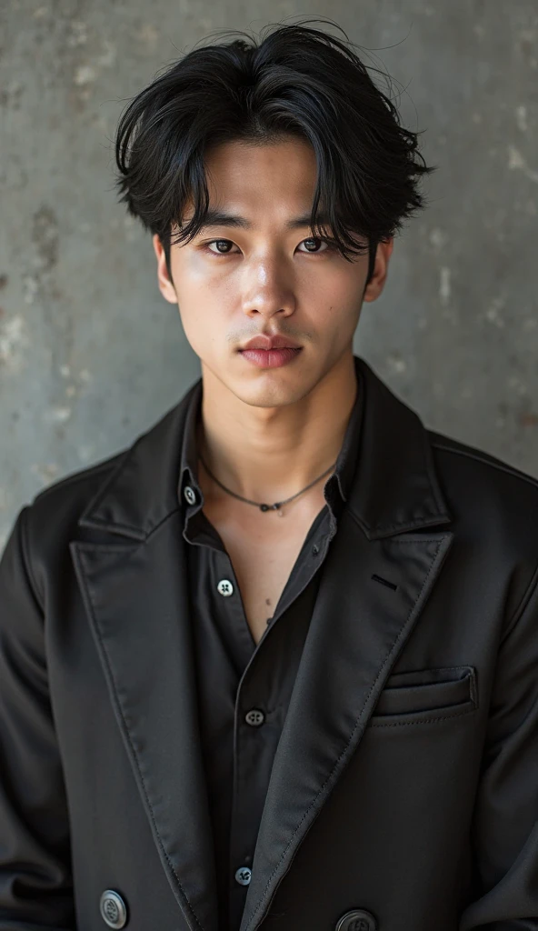 Toned body man, 2, black shirt, folded sleeves at elbows, unbuttoned top, black locks of hair, Korean - American mixes looking man, bad boy hair cut, 