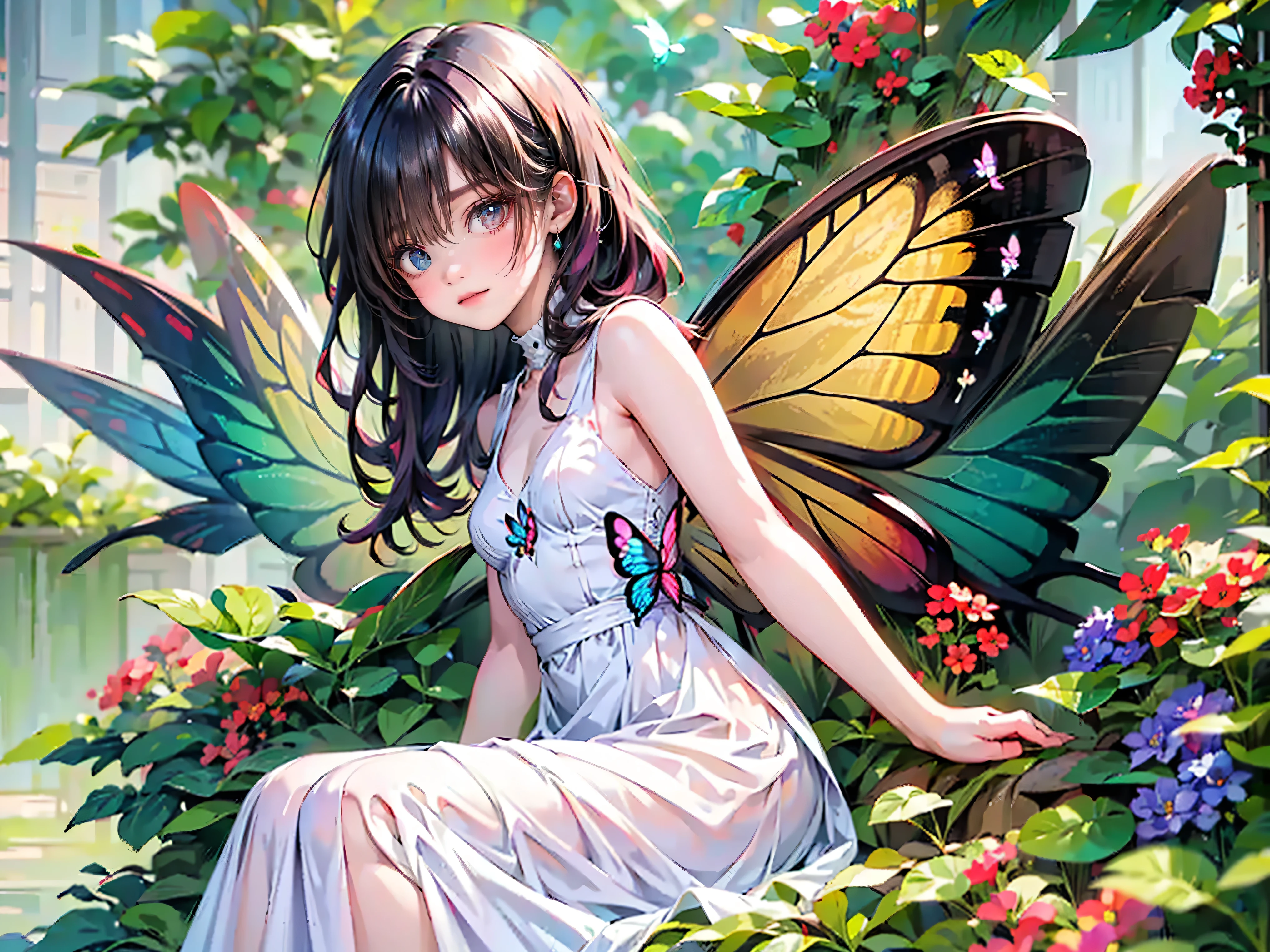 Best quality, 8K, Best quality, ((Odd-eyed fairy school girl)), ((Heterochromia, red eyes, blue eyes)), ((Sparkling, detailed eyes)), (Very precise eyes), (Long platinum and purple hair), Princess cut, ((Translucent, shining white skin)), Shiny skin, Very white skin, ((Small breasts)), (Anatomically correct), ((Wearing a pink dress with floral embroidery)), ((Sitting on her knees surrounded by beautiful flowers), ((Butterfly wings spread on her back in the morning sun)), ((Detailed depiction down to the fingertips)), Butterfly wings, Smiling face, Very beautiful, Fantastic