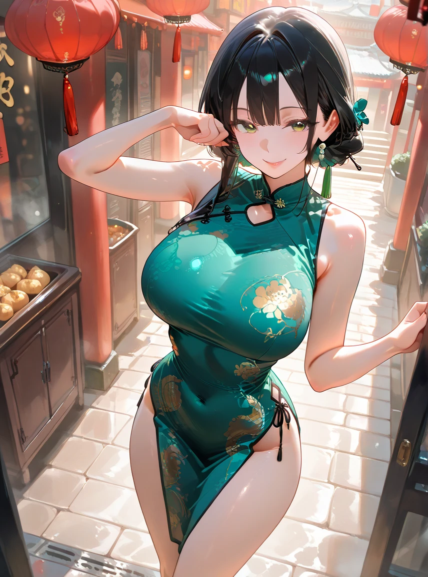 (yamaori_style), 1girl, chinese bun black short hair,bun cover,china dress, long dress,tight mini skirt, gold decoration dress, sleeveless, cleavage cutout, clothing cutout outside, on streets, crowd, city,