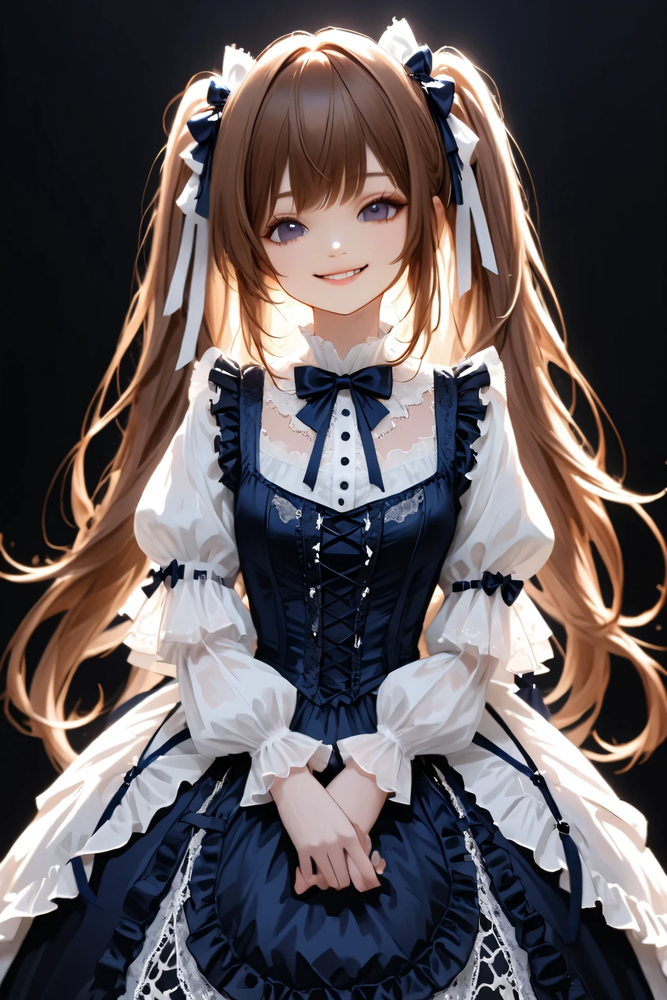 long brown hair , twin tails 、with a bow on her head. she's lighting, navy blue dress , in a white gothic ta outfit、white gothic top with lots of lace , Same as a feminine casual tight dress with lots of ruffles , Beautiful Girl with Lots of Ribbons . Pretty beautiful.((( Smile)))