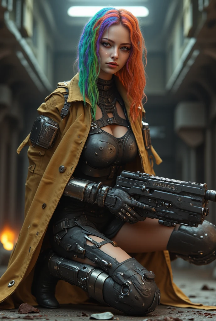 top quality, future world, State-of-the-art robot, Beautiful Woman, flying hair, Transformed into a cyborg except for the face, Transformed into a cyborg except for the shoulder, sexy images, whole body photo, (((cowboy, hat, jacket, belt, shotgun, firing to front, boots, cyber desert mountain, cactus)))
