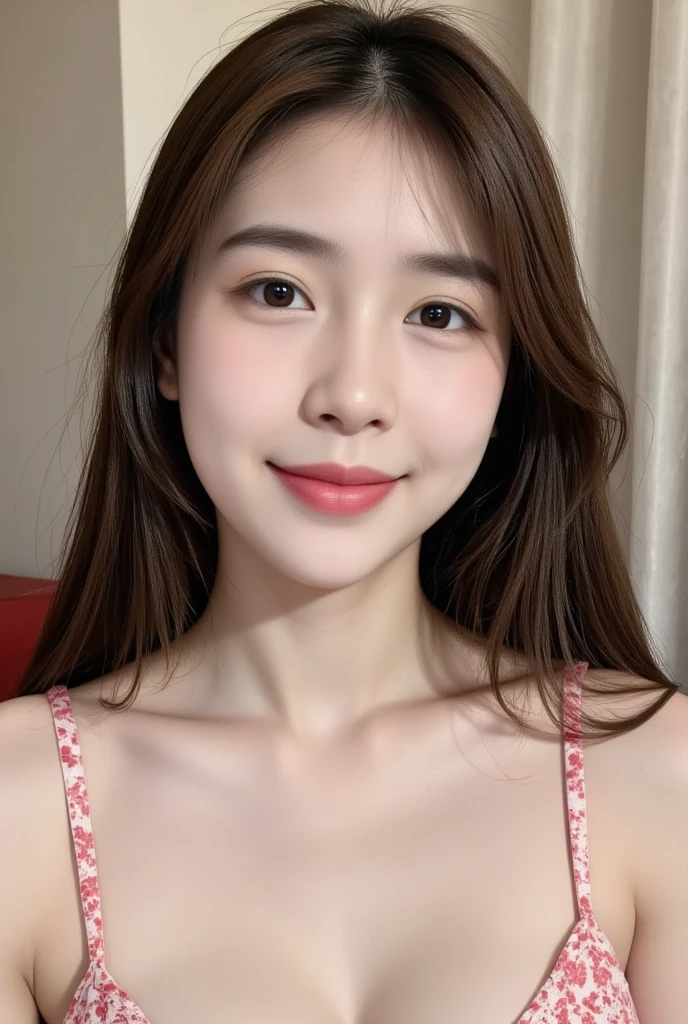 incredibly absurd, beautiful and cute 20-year-old Korean girl with a photorealistic face, showcasing top-quality craftsmanship. Her slender frame adorned with short, messy hair. The artwork high-resolution, allowing for ultra-detailed features to be captured flawlessly. The focus lies on the realistic pupils, showcasing depth and emotion. ((breasts out)) cute smile.