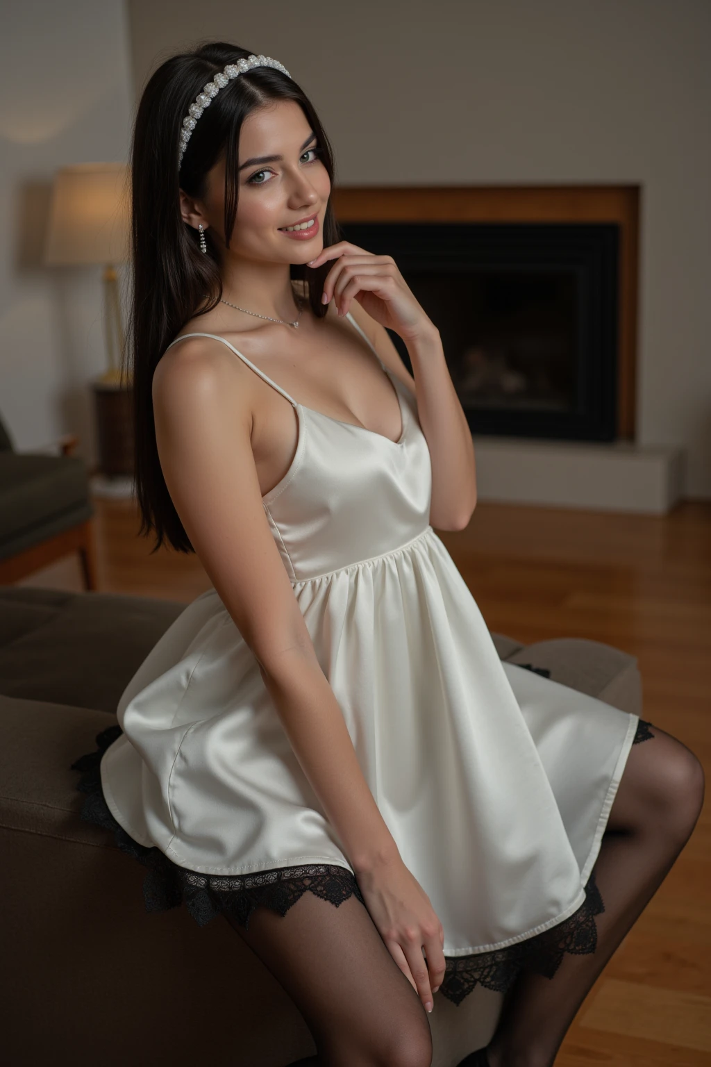 Eva Green in a short tight dress posing for a magazine smiling sexually