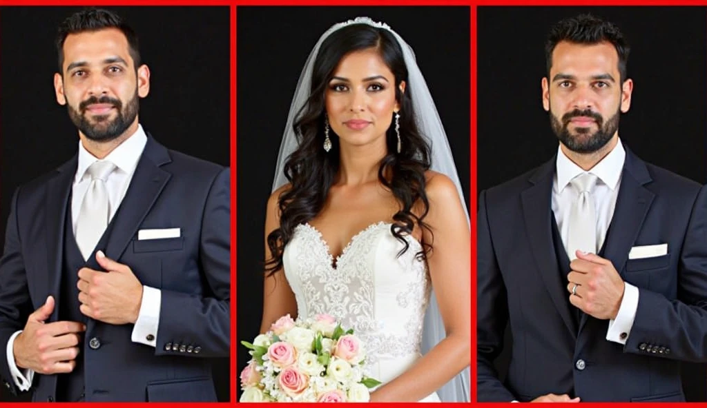 melhor qualidade, casal no dia do casamento, noiva de pele parda, olhos pequenos e cabelo cacheado, bald man with beard in blazer and beige pants, camisa branca e gravata verde oliva.