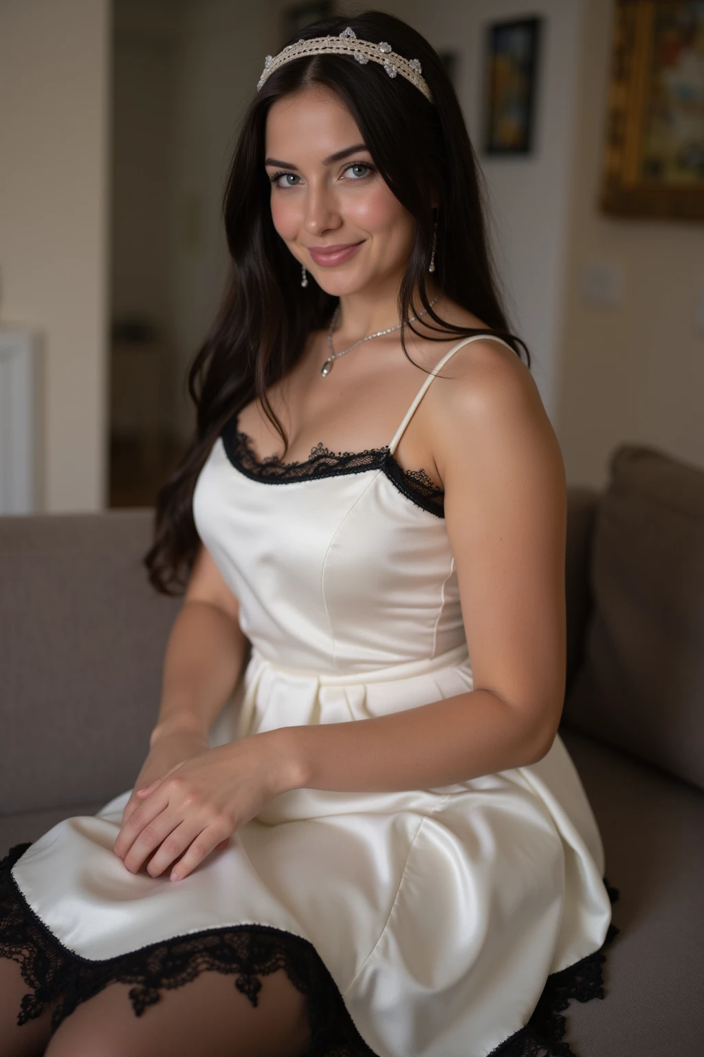Caucasian woman with transparent blouse shows beautiful breasts with black hair sitting on a large gray sofa holding a Santander card,in a mansion with natural lighting and decorative plants and some red details