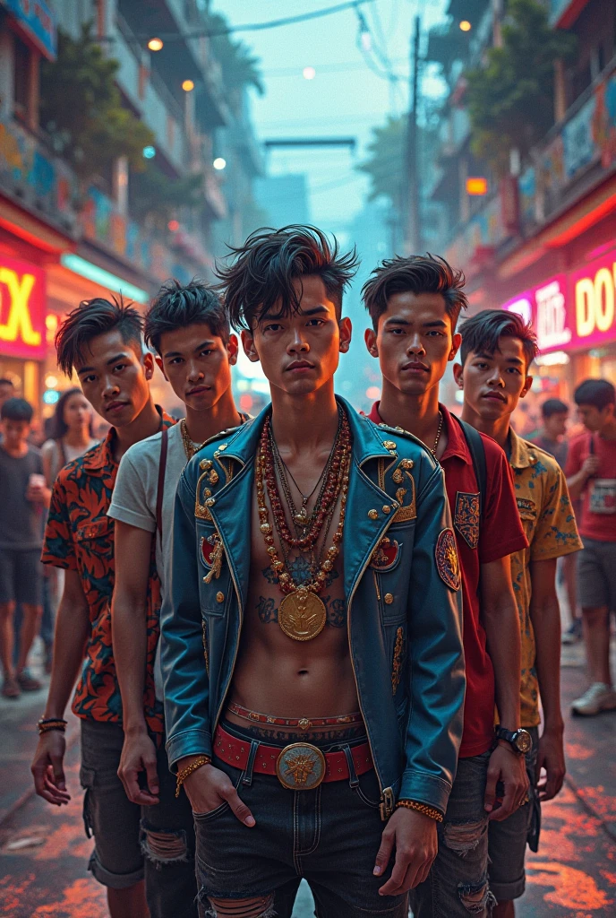 A group of extremely handsome, 15-year-old, muscular, tattooed, necklace-wearing, high-tailed young men, street scene, gangster style, romance, Hong Kong cinema, knives, ((guns)), ((spears)), clubs. Their eyes are filled with sadness and longing. The background is a trail of blood and violence. Cinematic lighting, high detail, 8k, artstation, conceptual art, dark fantasy. Photo taken with a Canon EOS R5 85mm f/11 camera, ((sharp)) mode of people and surroundings. Image quality ((8K)), ((realistic)), ((masterpiece)), ((sharpest and highest contrast)), ((excellent depth of field)), ((stereoscopic lighting)). ((angry, ferocious)), detailed pores, ((Direct facial lighting)), bright sunlight.